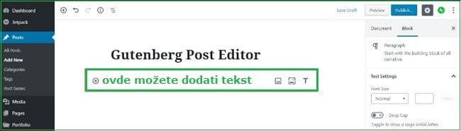 wordpress-za-pocetnike-cesto-postavljana-pitanja-dodavanje-teksta-gutenberg-editor